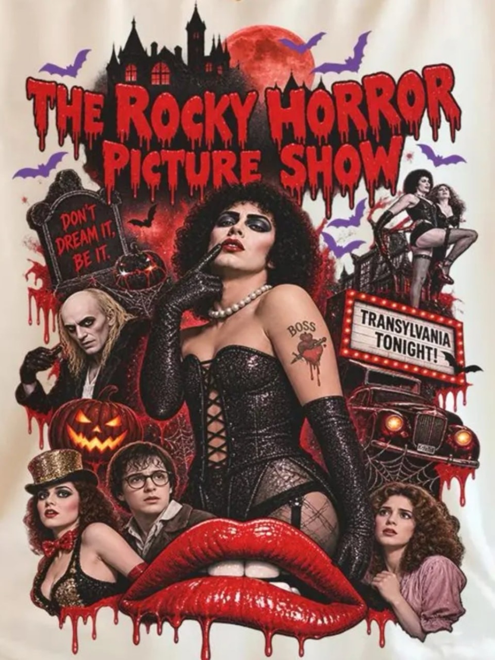 Off White Rocky Horror Picture Show Graphic Tee with Red & Black Artwork - Picture 2 of 4